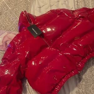 Cropped red bubble coat